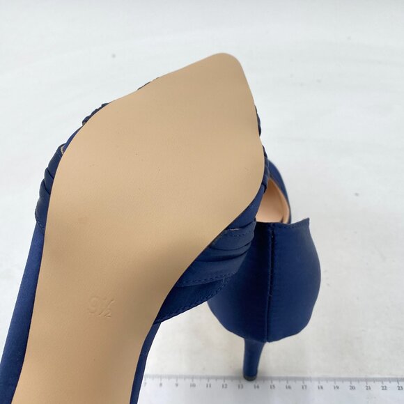 FSJ Navy Kitten Heels Pointed Toe Slip on Pumps D'Orsay Pleated Satin Dress Shoe - Picture 6 of 8